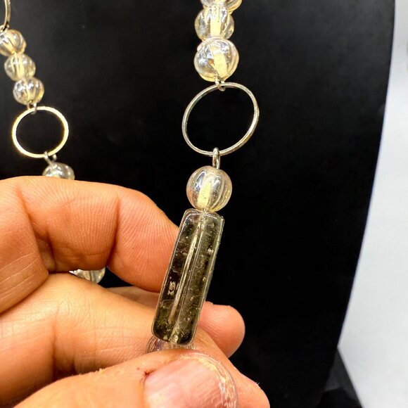 Glass Beaded Clear Fused Square Chunky Beads Necklace Gold Tone - Picture 5 of 5